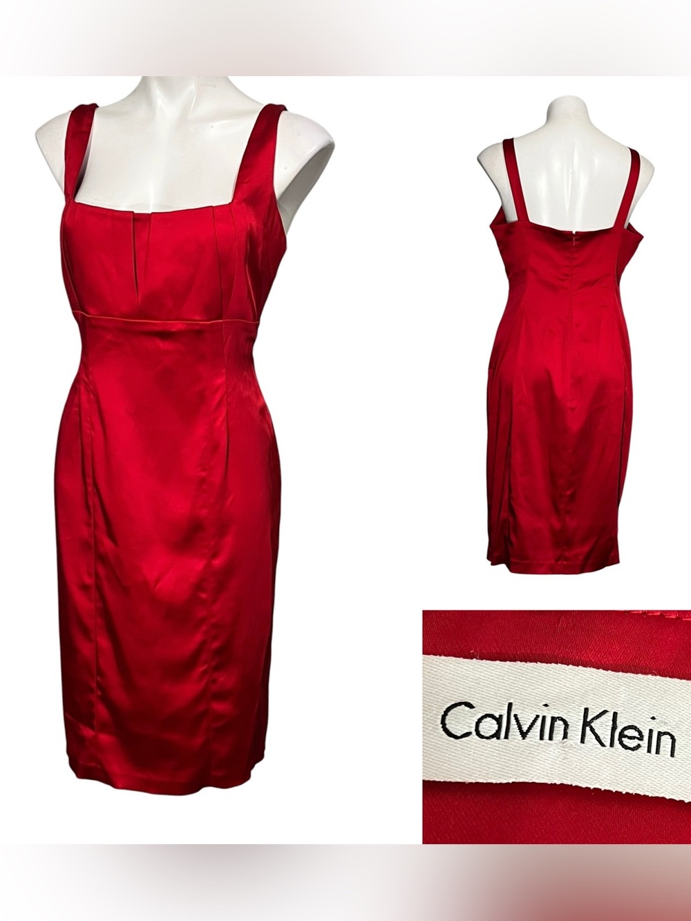 Calvinβ Klein dress M/8-10 Red Satin Sheath bodycon cocktail date night party